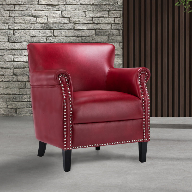 Hadley red club chair with nailhead trim, thick padded seat and rounded armrests