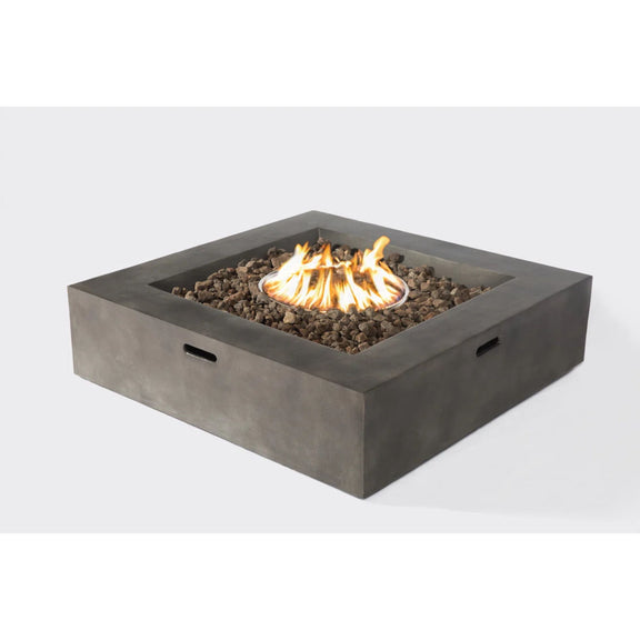 Square fire pit table with dark gray frame and burning fire bowl