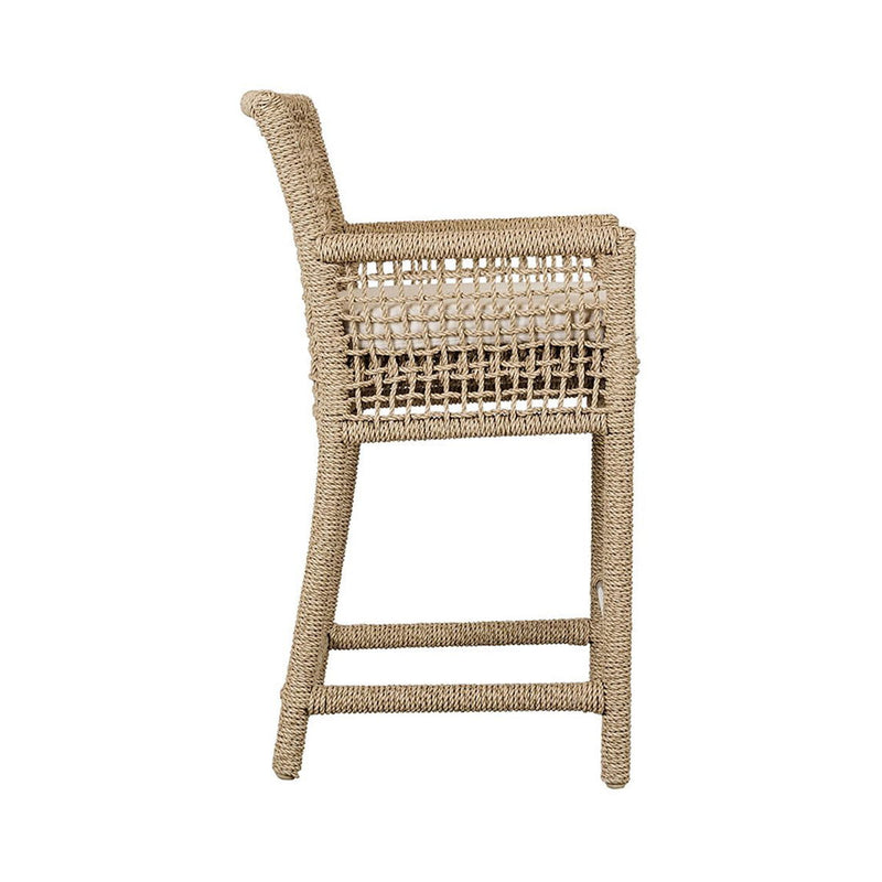 Natural wicker bar stool with white seat cushion and rectangular open frame