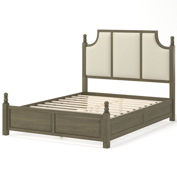 Dark brown platform bed with tall linen upholstered headboard and slatted mattress support