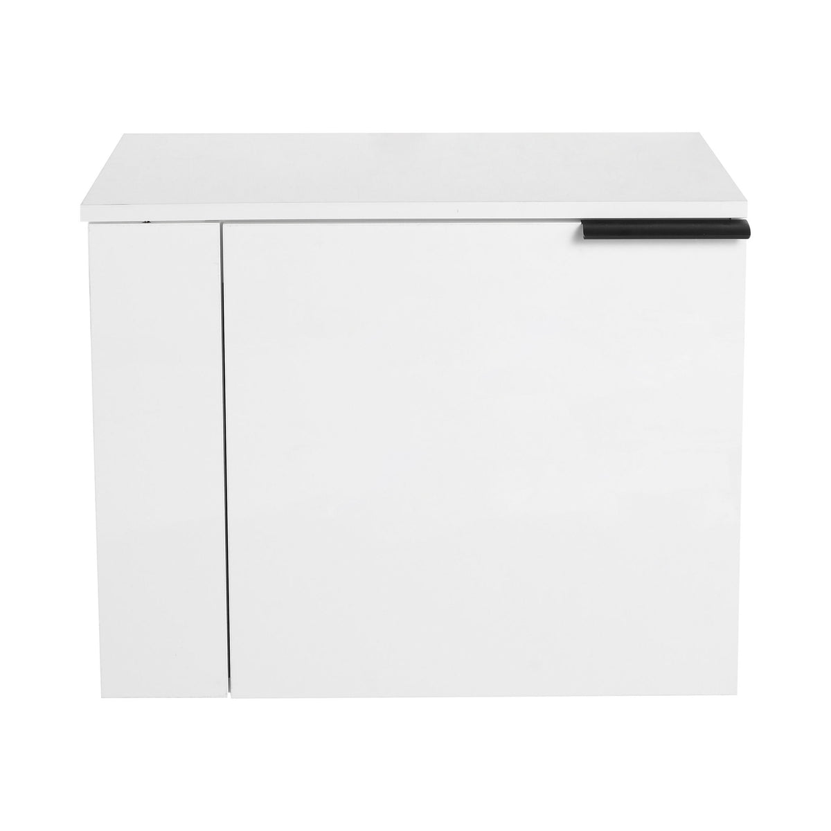 White bathroom vanity cabinet with dark bar handle