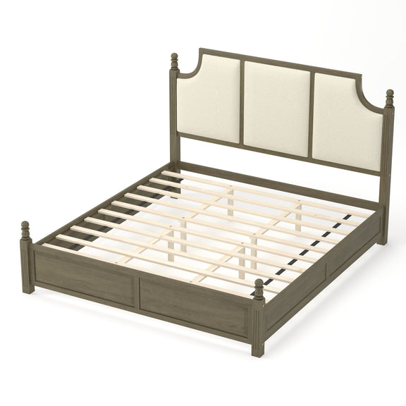 Upholstered platform bed frame with tall headboard, brown wood, cream upholstered panels