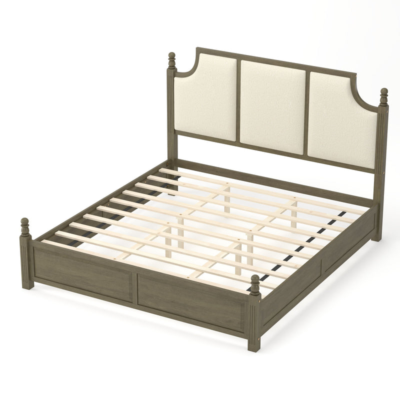 Upholstered platform bed frame with tall headboard, brown wood, cream upholstered panels