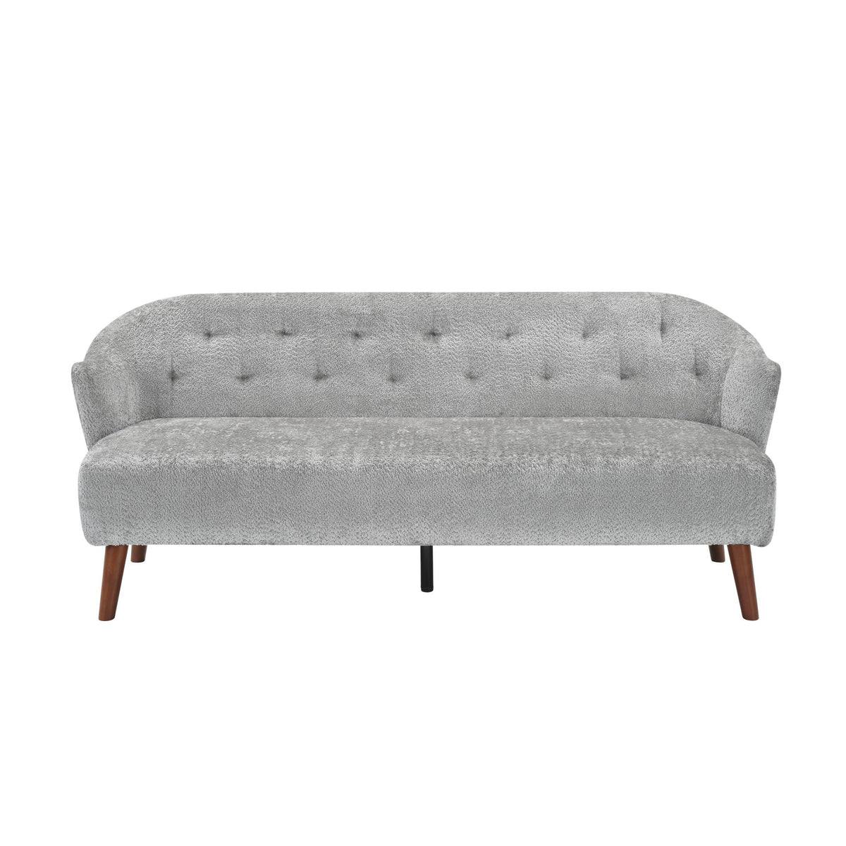 Light gray tufted upholstered 3-seater couch with curved arms and tapered legs