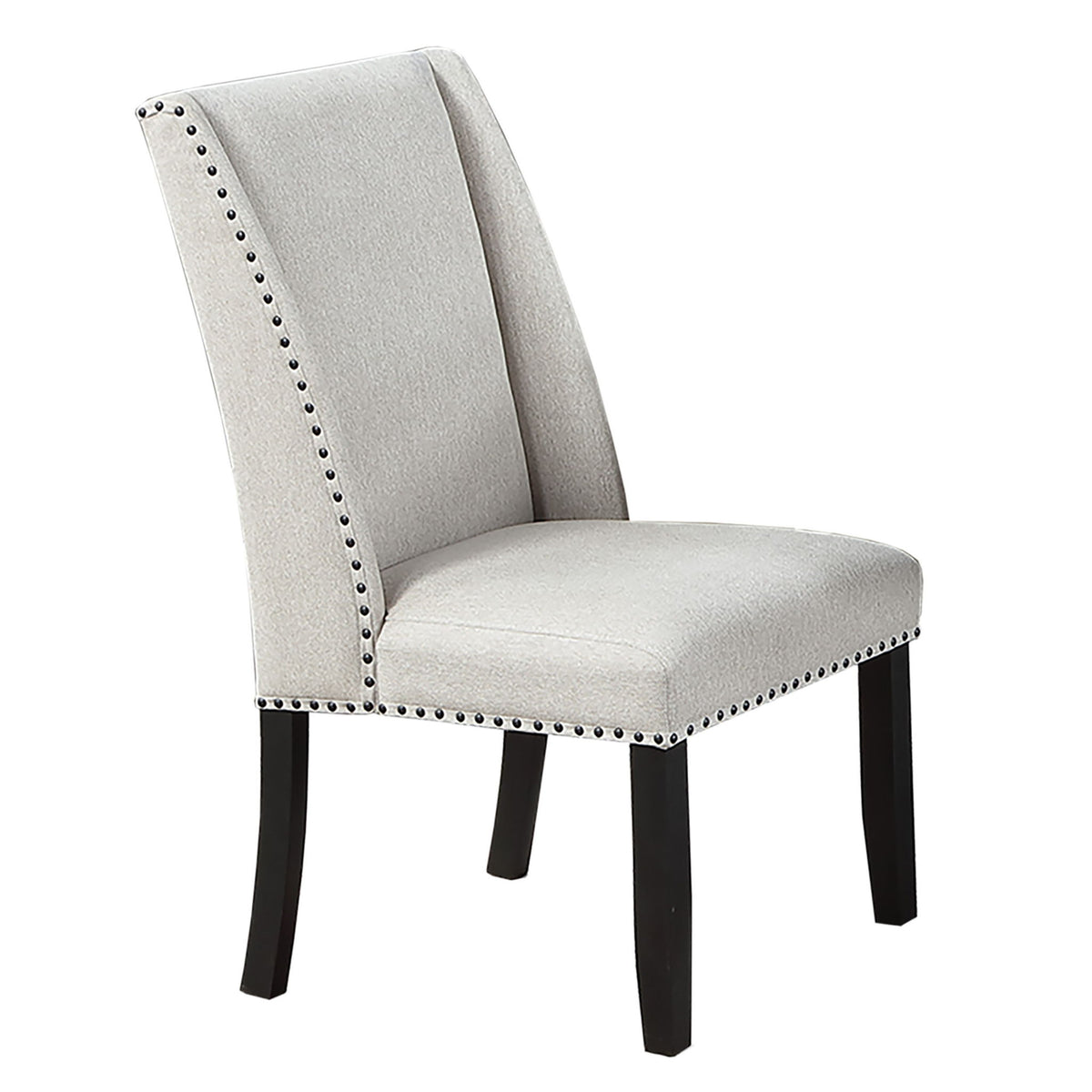 Upholstered wingback dining chair, light beige fabric with nailhead trim and dark legs