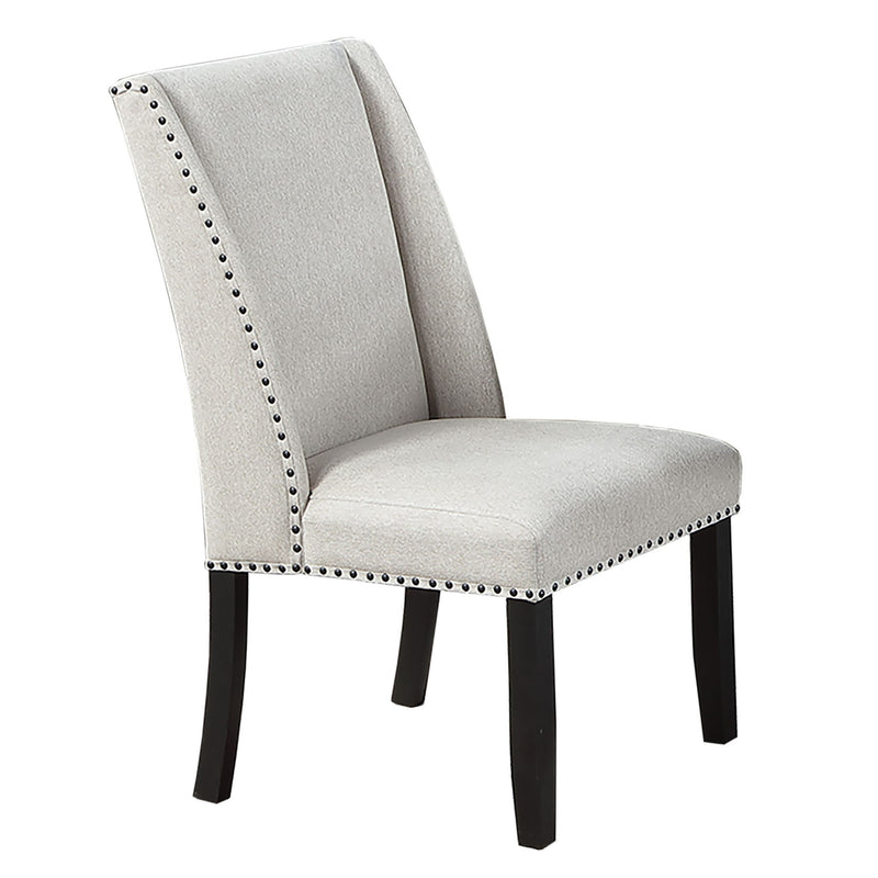 Upholstered wingback dining chair, light beige fabric with nailhead trim and dark legs