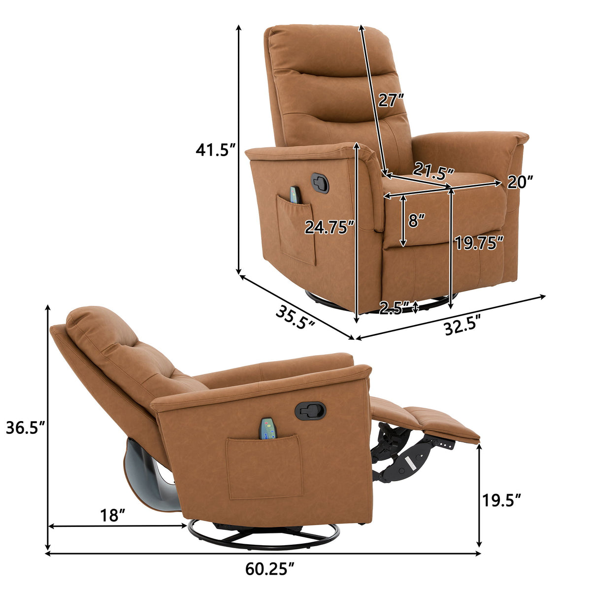 Manual Recliner Chair With 8 Point Massage And Swivel Function