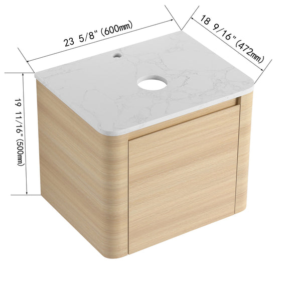 Light wood bathroom vanity cabinet with white marble-look top and single door