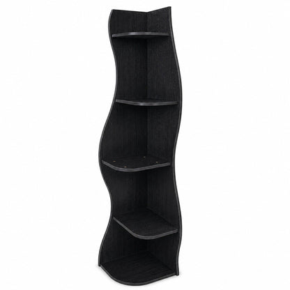 Black 5-tier corner shelf with curved wave shelves and open storage compartments