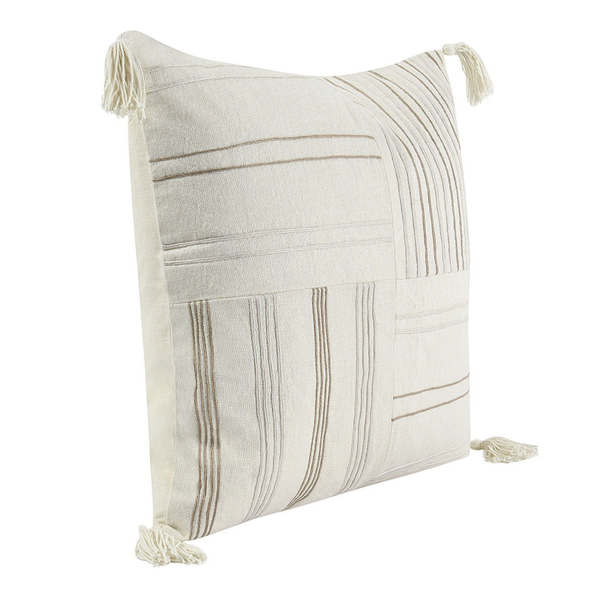Ivory lumbar pillow with stitched stripe and panel design, plus corner tassels