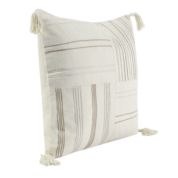 Ivory lumbar pillow with stitched stripe and panel design, plus corner tassels