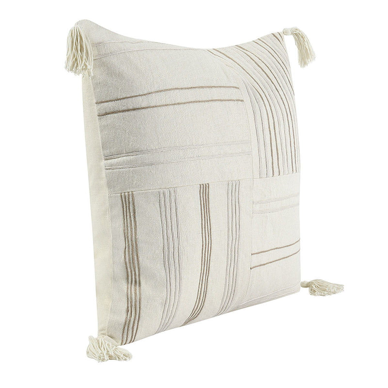 Ivory lumbar pillow with stitched stripe and panel design, plus corner tassels