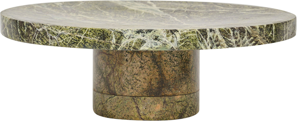 Round green marble tray with circular top and central pedestal base