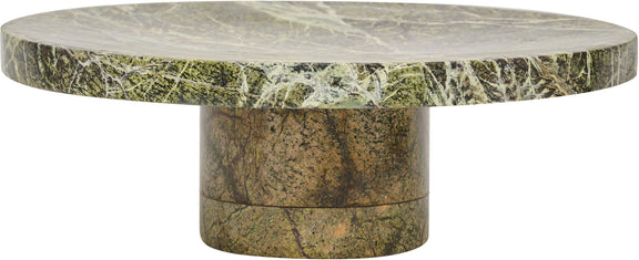 Round green marble tray with circular top and central pedestal base