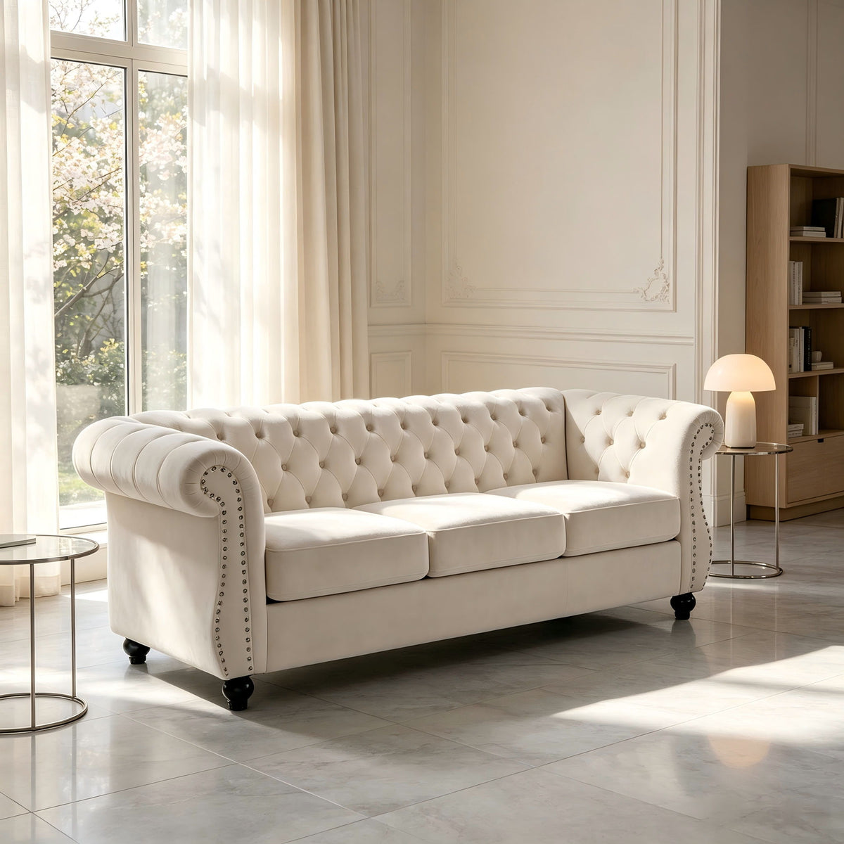 Beige three-seat button-tufted sofa with rolled arms and nail-trimmed edges