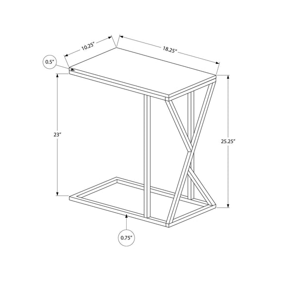 Shaped accent table with slatted lower shelf and angled cross-brace legs, top and side dimensions