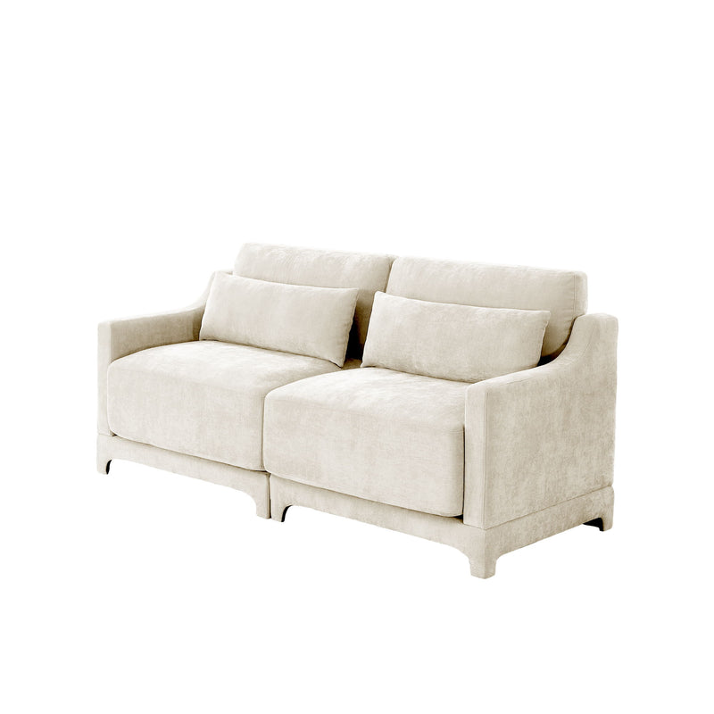 Light beige fabric sofa with two lumbar pillows, cushioned arms, and straight base