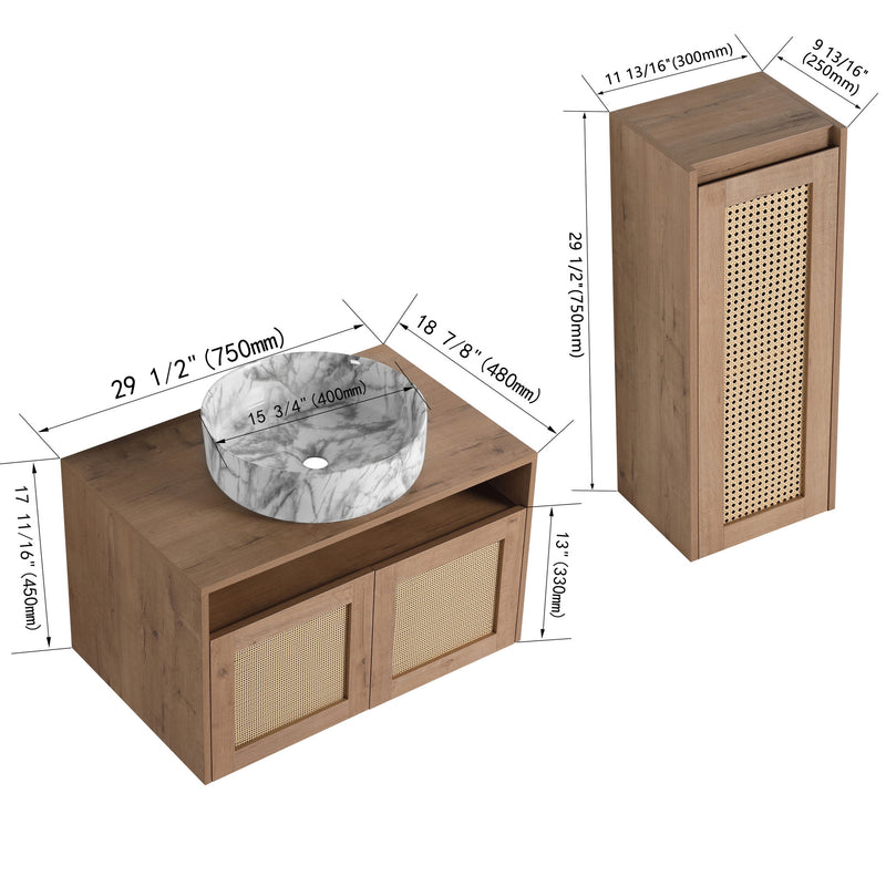 Double sink bathroom vanity with oval stone bowl sinks and mesh-front cabinet doors, angled view