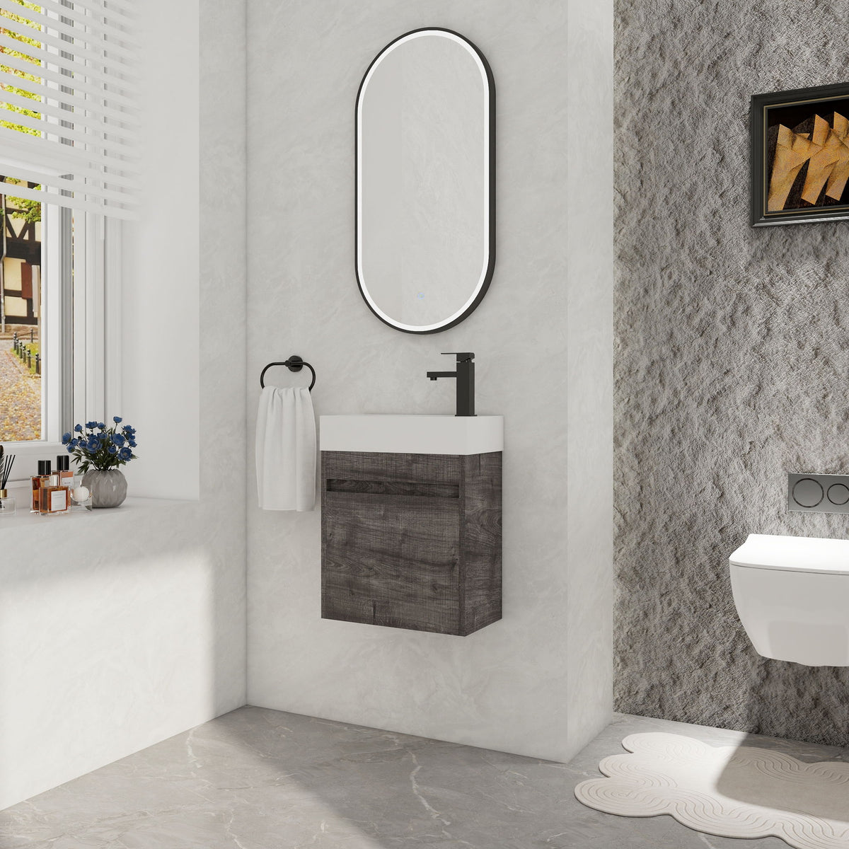 Floating bathroom vanity with soft-close cabinet door and built-in sink on wall