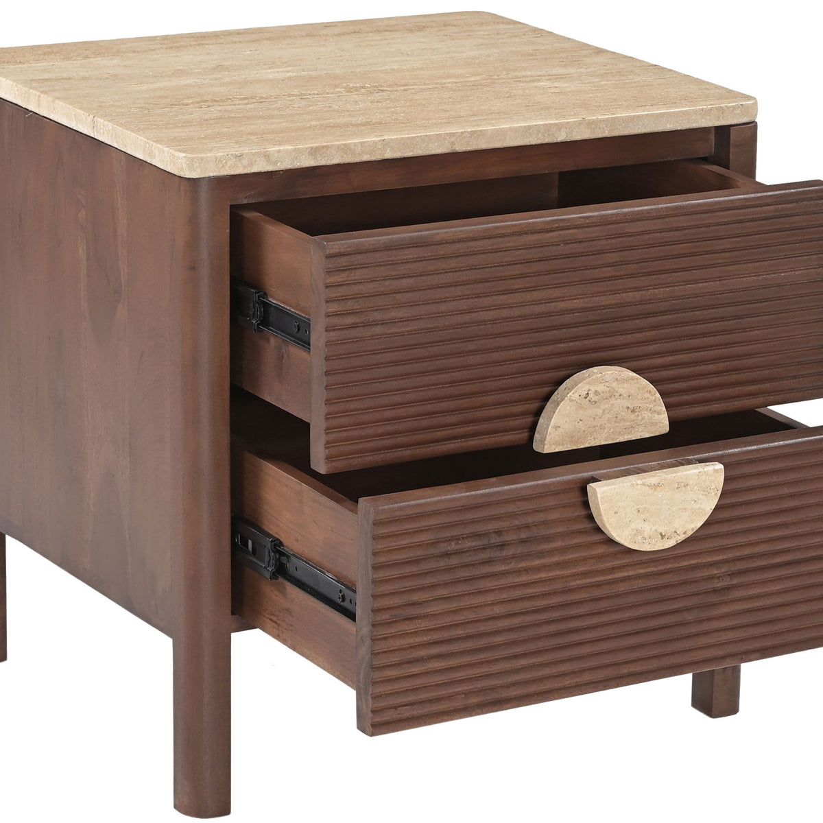 Beige acacia wood nightstand with open drawers and stone drawer pulls