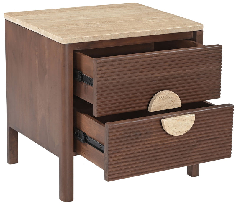 Beige acacia wood nightstand with open drawers and stone drawer pulls