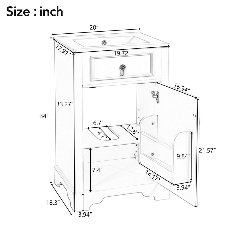 Bathroom vanity size diagram (inches) showing interior storage layout.