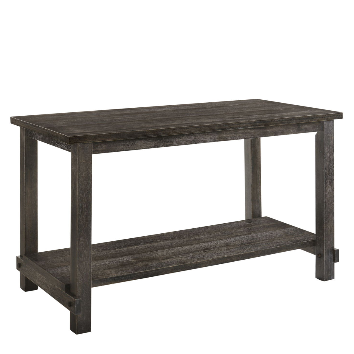 Dark gray counter-height dining table with open lower shelf and thick legs