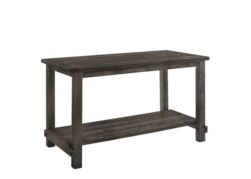 Dark gray counter-height dining table with open lower shelf and thick legs