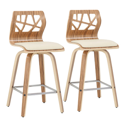 Set of 2 counter stools, light wood frame, dark woven back, padded seat, footrest