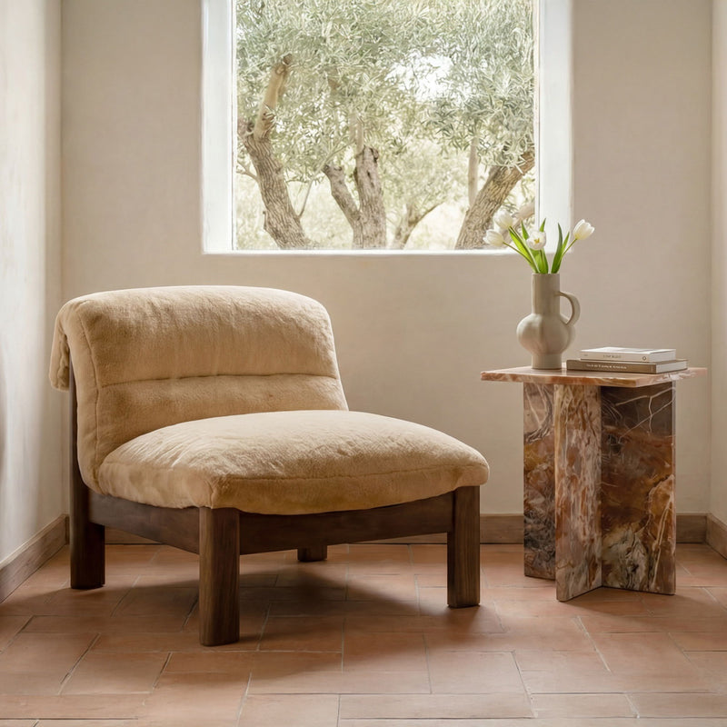 Faux fur accent chair, rounded backrest and seat, espresso-brown wooden legs