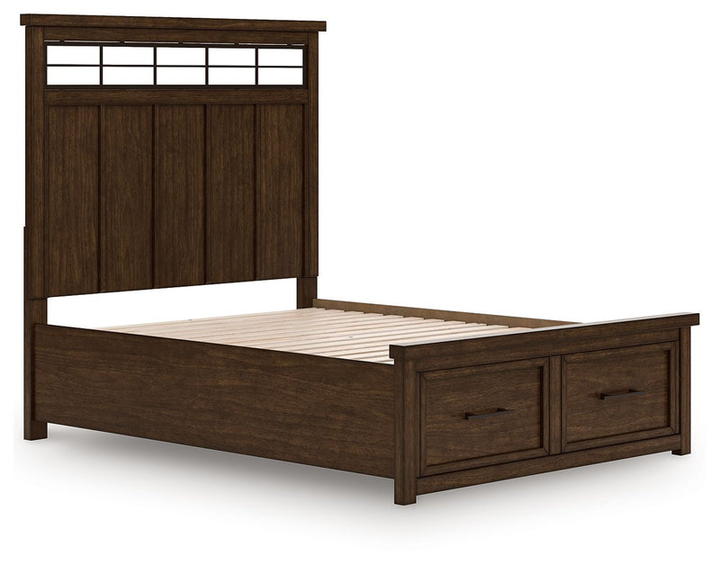 Brown panel storage bed showing twin drawers and an open slatted mattress base