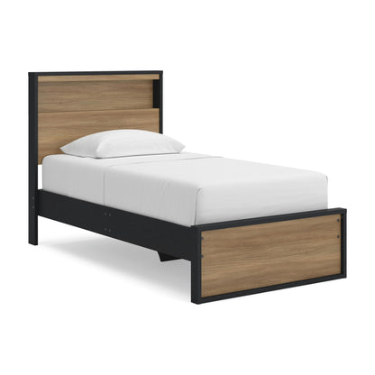 Dark brown bookcase bed frame with wood panels and white mattress