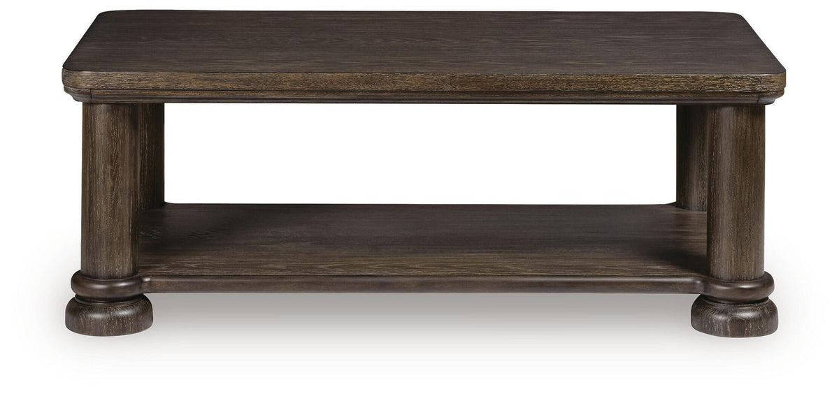 Dark brown rectangular table top with open lower shelf and turned legs