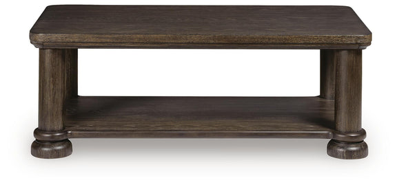 Dark brown rectangular table top with open lower shelf and turned legs