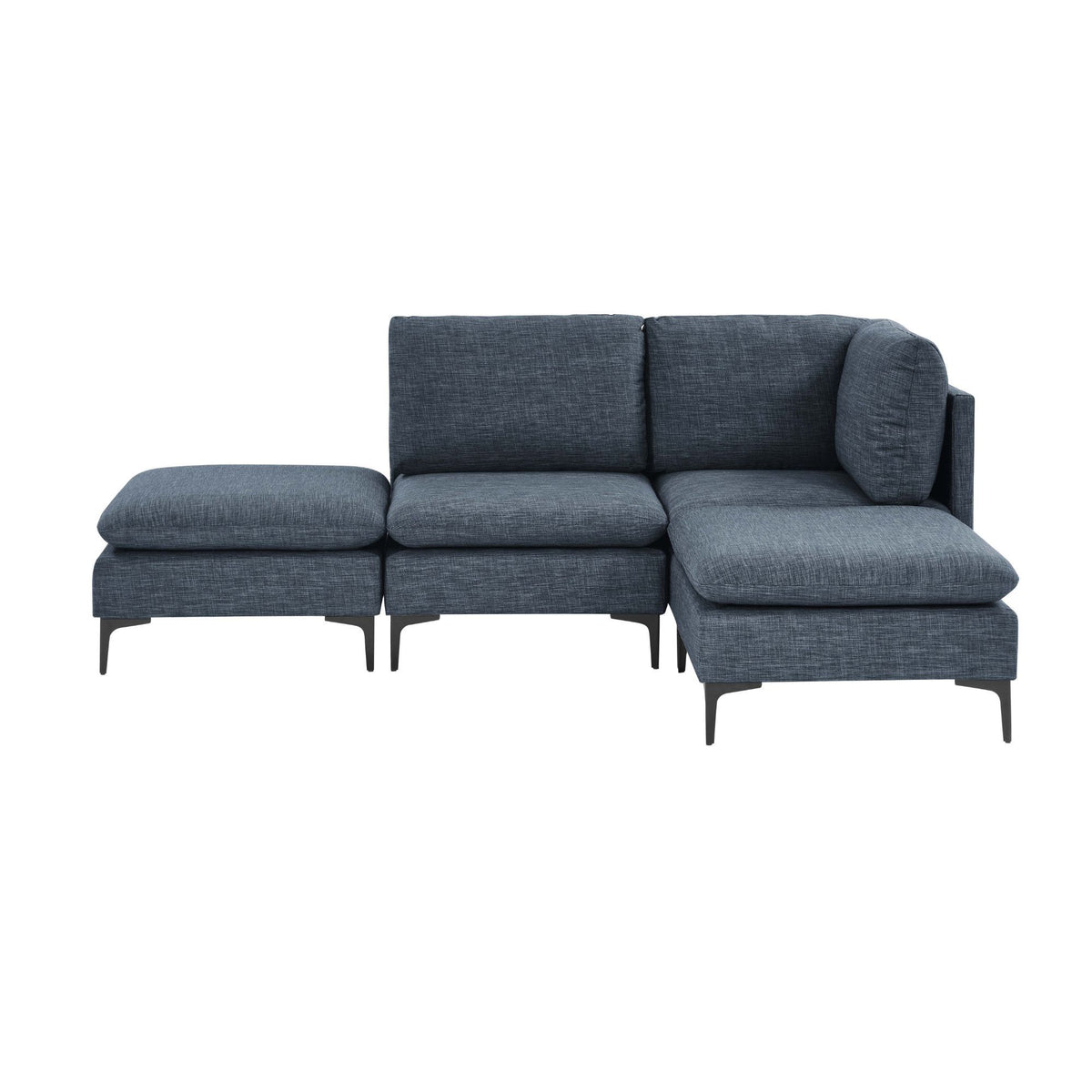 Blue upholstered modular sectional with tall legs, right chaise extension, medium-firm seat