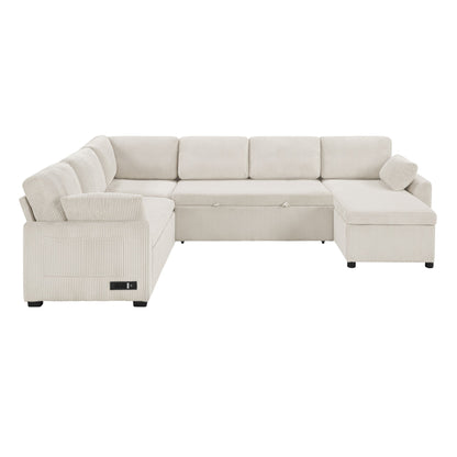 Sectional sofa bed with reversible chaise in light beige, U-shape with chaise ottoman end