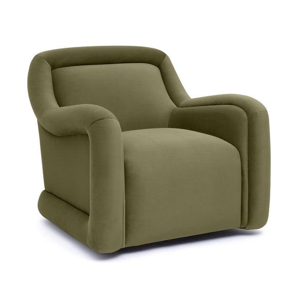 Olive green upholstered swivel chair with rounded arms and thick padded seat.