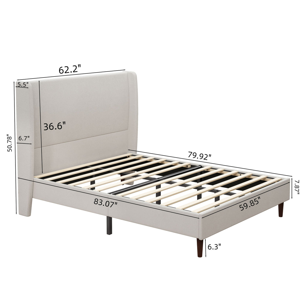 Beige upholstered bed frame with slatted base and tall headboard, alternate dimensions