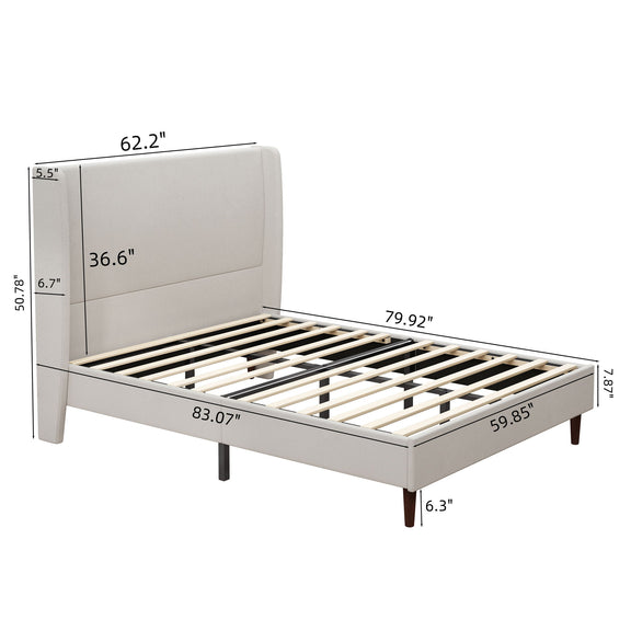Beige upholstered bed frame with slatted base and tall headboard, alternate dimensions