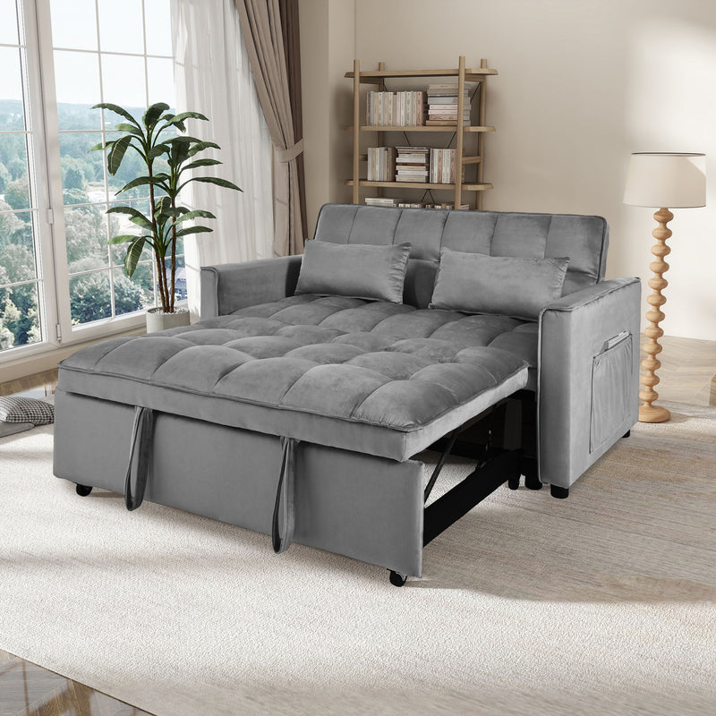 Convertible sofa bed with tufted back and seat, reclining-style base, gray upholstery