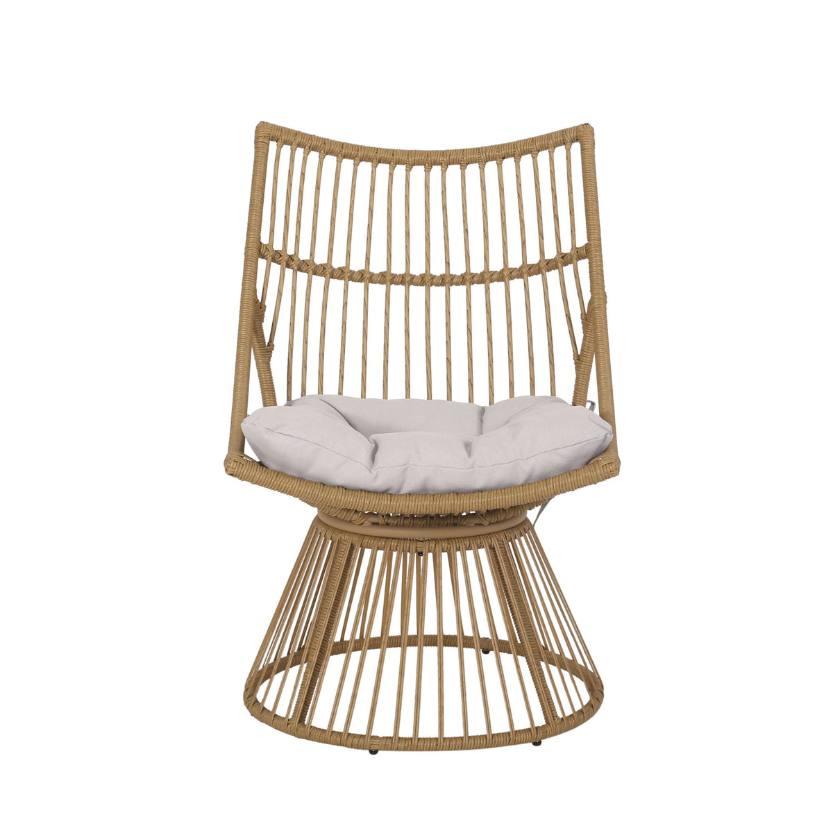 Woven rattan chair with light brown frame and light gray cushioned seat