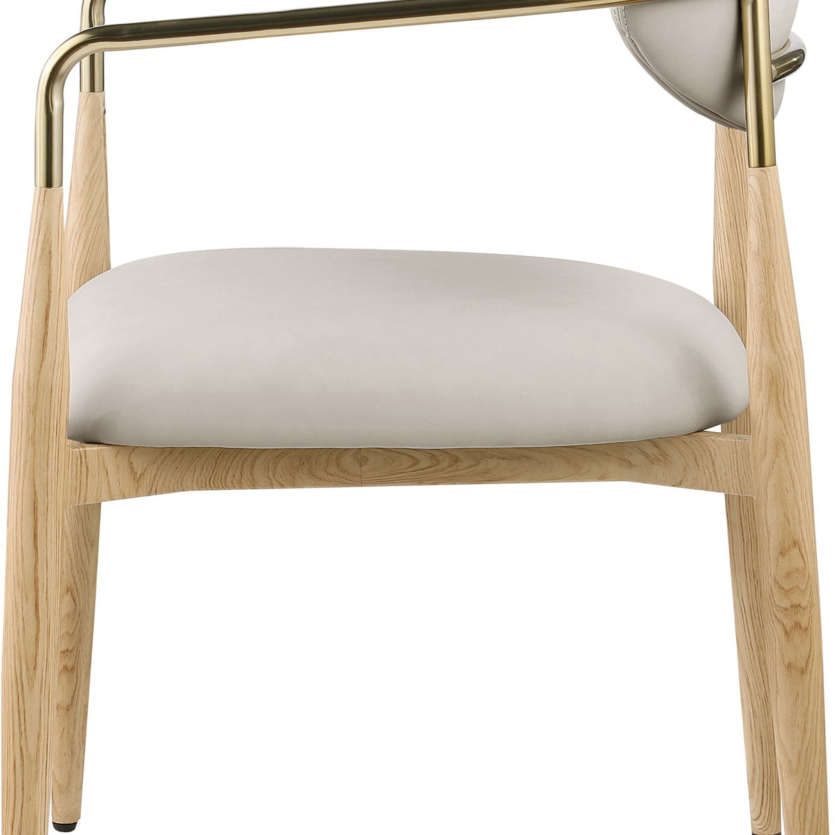 Vegan leather dining arm chair with light gray/cream upholstery, gold-tone arms, wood legs