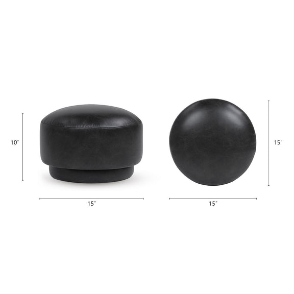 Black mushroom ottoman footstool shown with front and side views