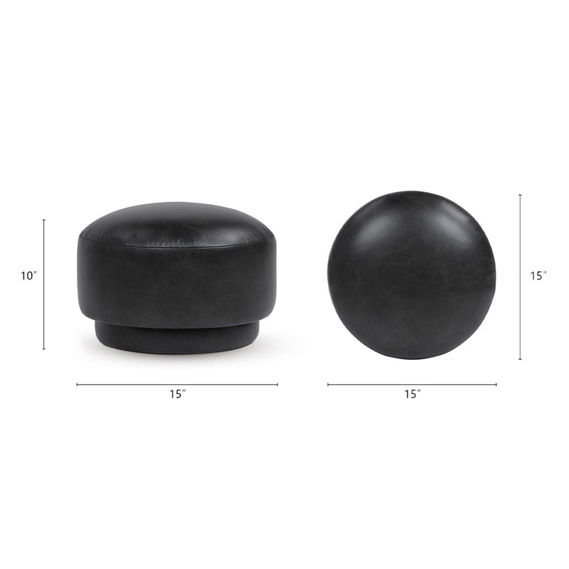 Black mushroom ottoman footstool shown with front and side views