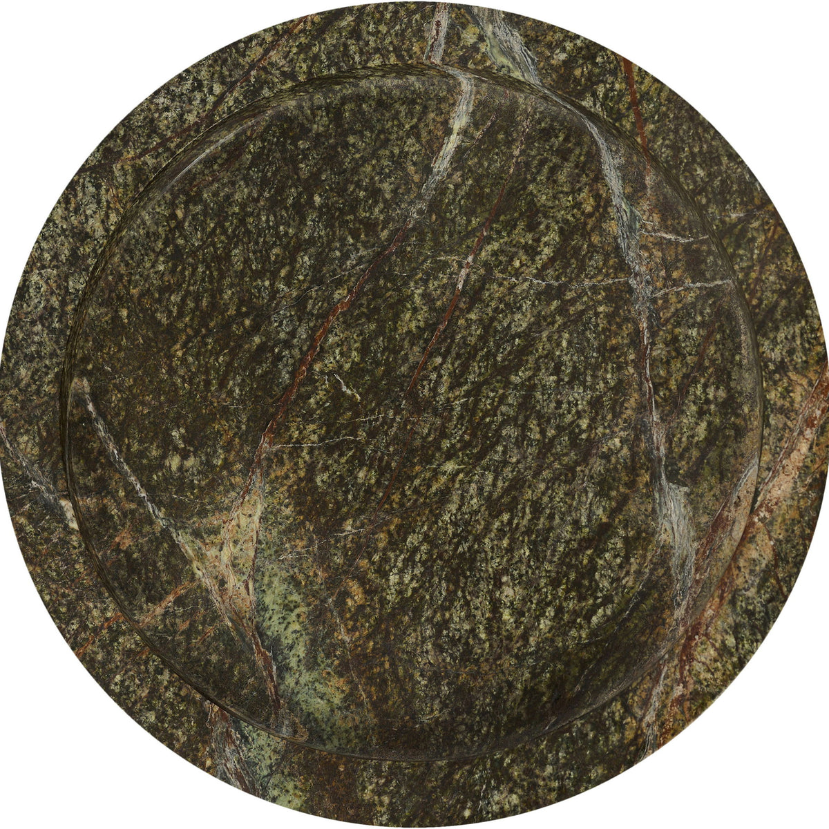 Round green marble tray with mottled veining, circular top view