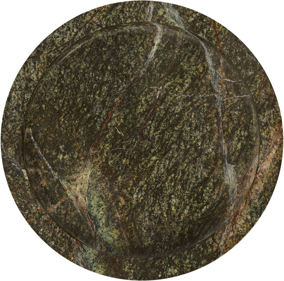 Round green marble tray with mottled veining, circular top view