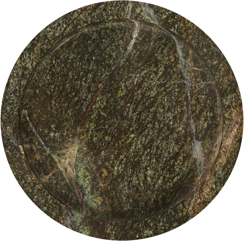 Round green marble tray with mottled veining, circular top view