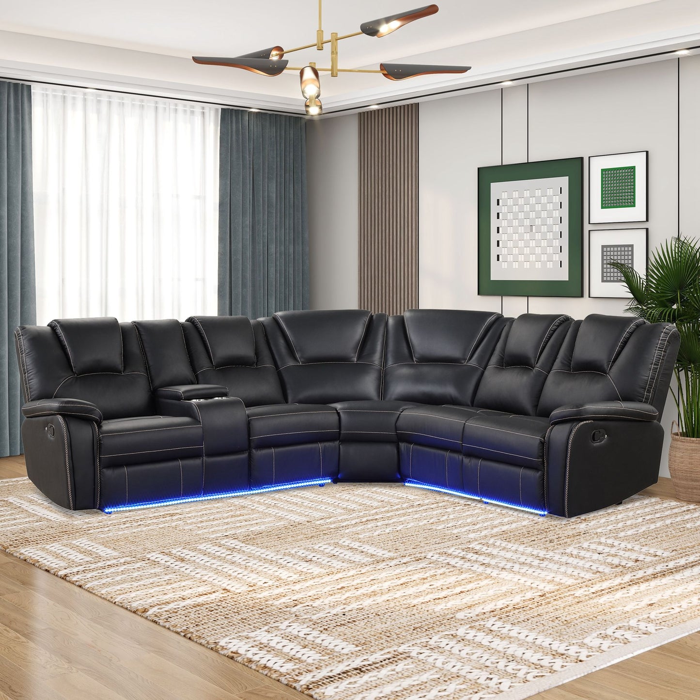 Modern Faux Leather Manual Reclining With Center Console With LED Light Strip, Living Room Furniture Set, PU Symmetrical Couch With 2 Cup Holders And Storage For Living Room