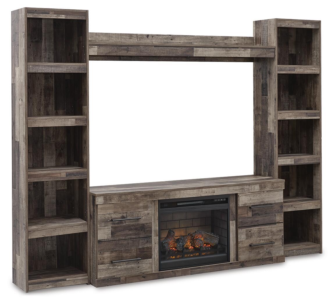 Dark gray entertainment center with electric fireplace insert and open storage