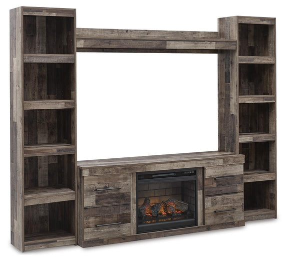Dark gray entertainment center with electric fireplace insert and open storage